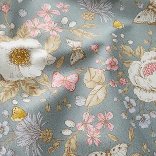 Tissu de décoration Semi-panama Jardin fleuri – bleu pigeon/rose, 