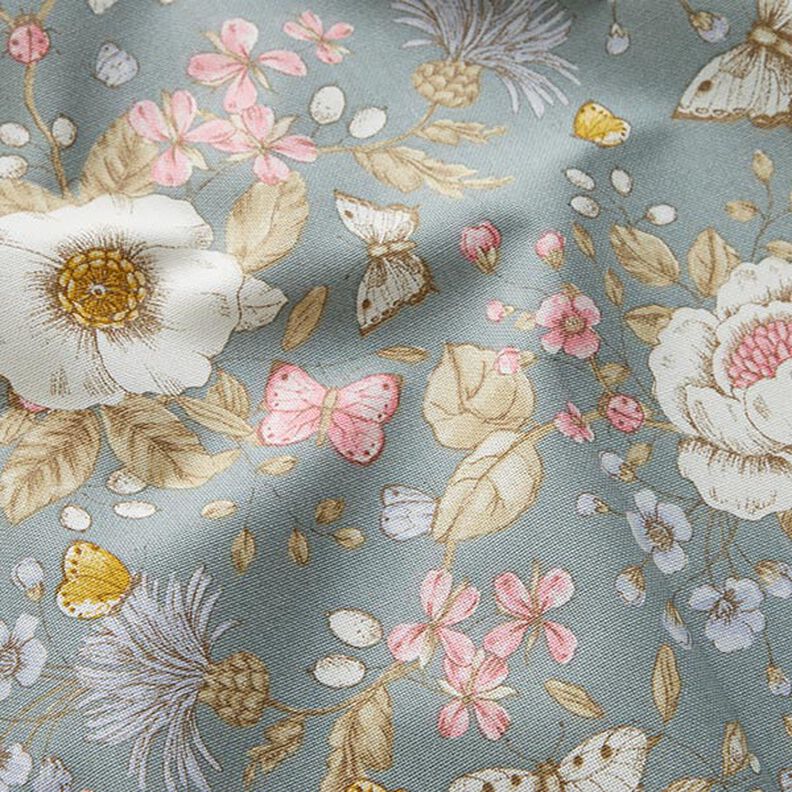 Tissu de décoration Semi-panama Jardin fleuri – bleu pigeon/rose, image number 2