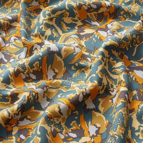 Tissu viscose mer de fleurs abstraite – sapin bleu/jaune curry, 