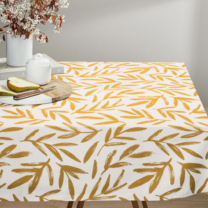 Tissu de décoration Semi-panama Feuilles minimalistes – moutarde/nature,  image number 7
