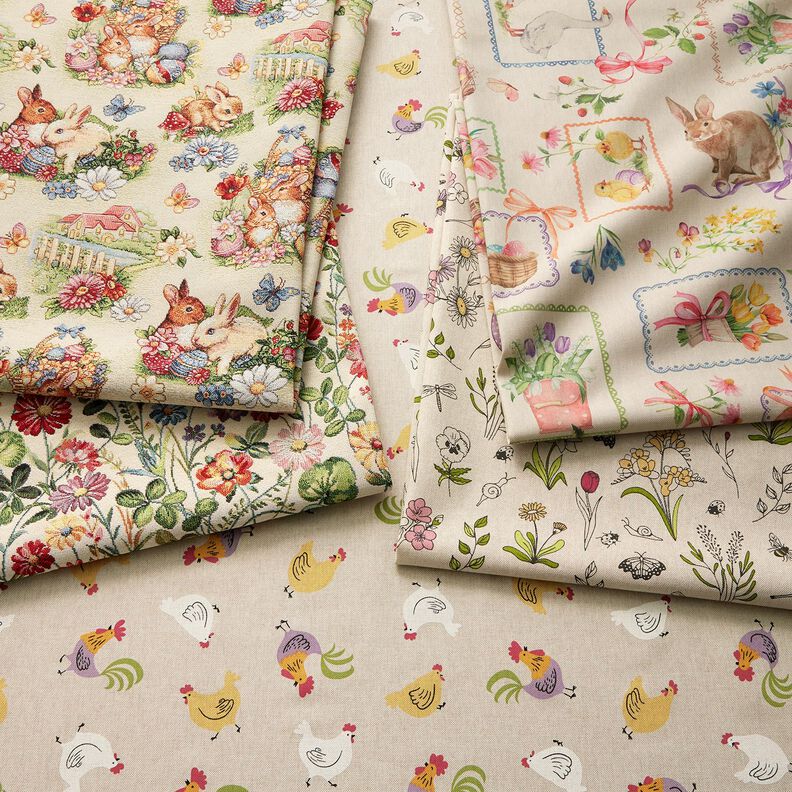 Tissu de décoration Gobelin Lapins de Pâques dans le jardin – beige clair/baies, image number 5