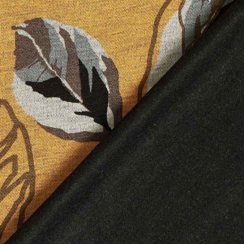 Jersey viscose grandes feuilles d'automne – jaune curry/gris schiste, image number 4