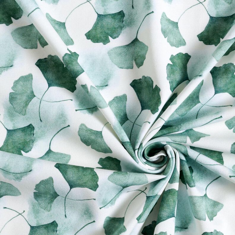 GOTS Jersey coton Impression numérique de ginkgo – blanc/eucalyptus,  image number 3
