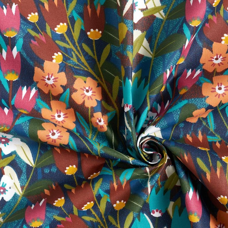 Coton enduit m&eacute;lange de fleurs &ndash; p&eacute;trole/bordeaux,  image number 3