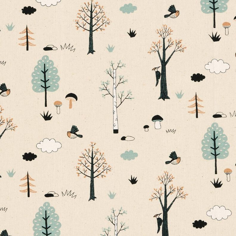 GOTS Tissu en coton Cretonne Oiseaux dans la forêt – nature/eucalyptus, image number 1