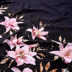 French Terry Sweat d’été Tissu bordure lys et feuilles mouchetées d'or | Glitzerpüppi – bleu, 