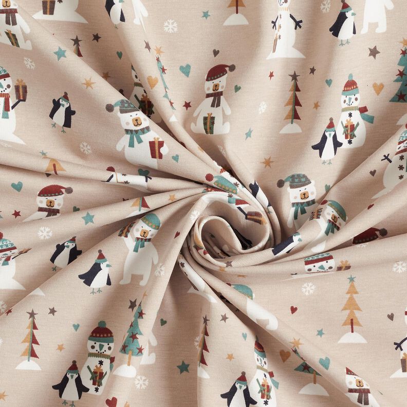 Jersey coton Pingouin, ours polaire et bonhomme de neige – amande,  image number 3
