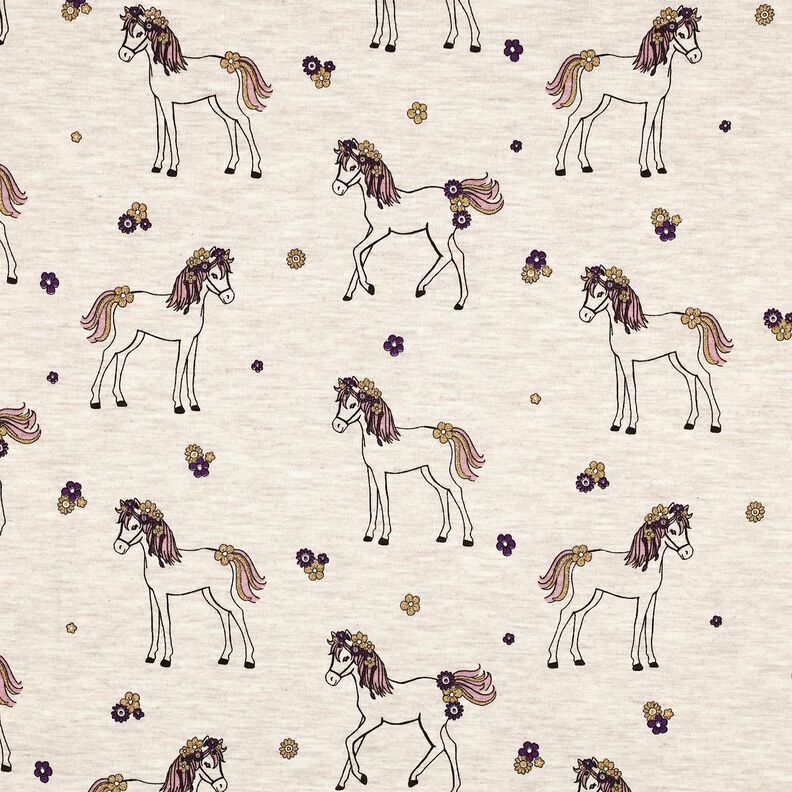 Jersey coton Cheval fleuri pailleté | Poppy Fabrics – nature/or,  image number 1