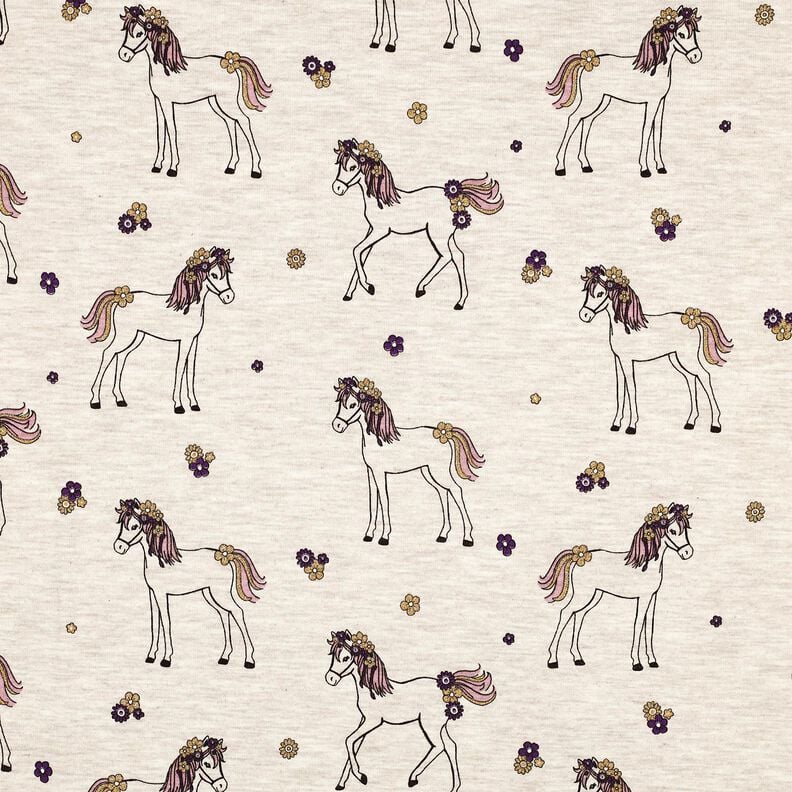 Jersey coton Cheval fleuri pailleté | Poppy Fabrics – nature/or, image number 1