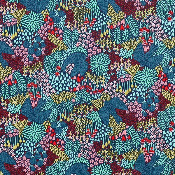 Tissu en coton cretonne oiseaux dans un champ de fleurs – bleu nuit – Échantillon,  image number 1