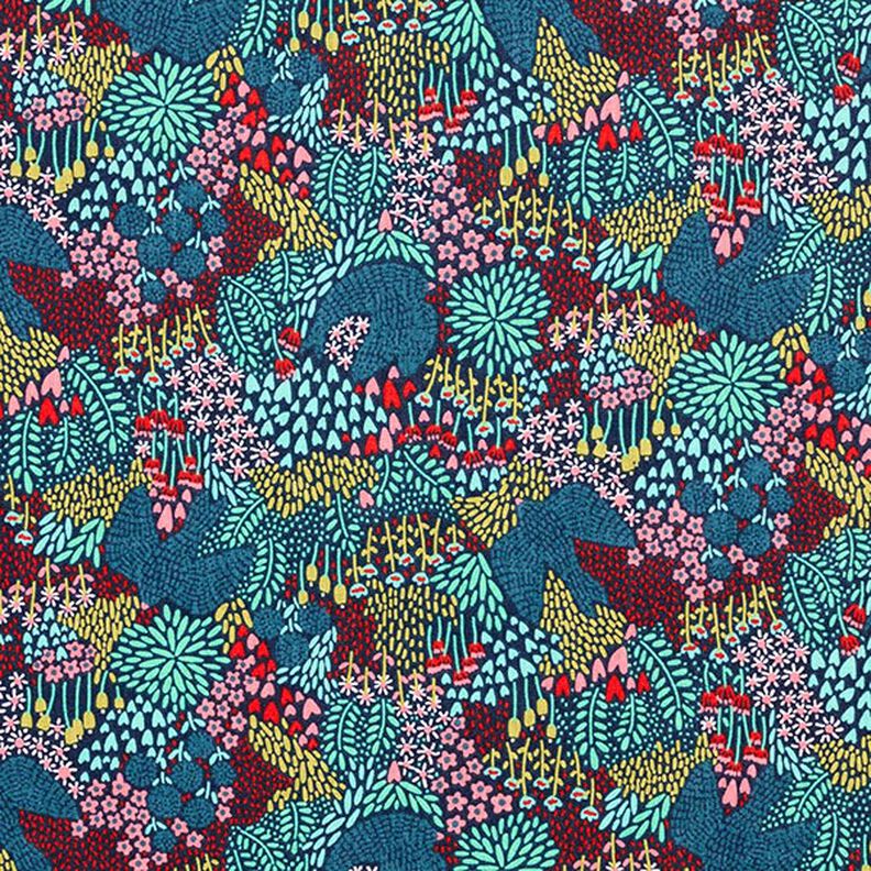 Tissu en coton cretonne oiseaux dans un champ de fleurs – bleu nuit,  image number 1