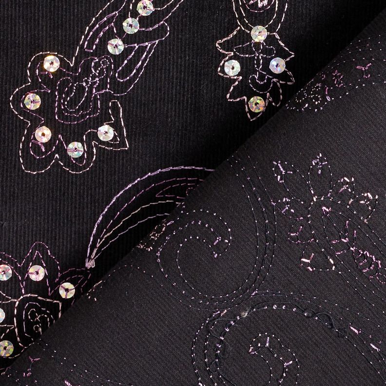 Velours à côtes fines avec fleurs en broderie et paillettes – noir,  image number 4