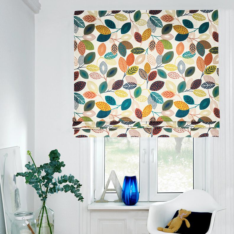 Tissu de décoration Panama Feuilles en pointillés – écru/pétrole, image number 6