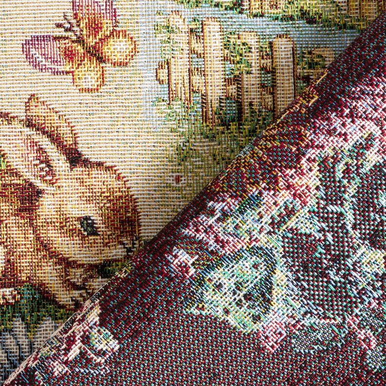Tissu de décoration Gobelin Lapins de Pâques dans le jardin – beige clair/baies, image number 4