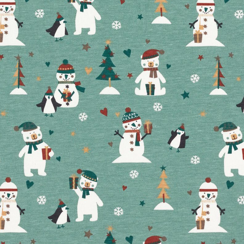 Jersey coton Pingouin, ours polaire et bonhomme de neige – roseau,  image number 1