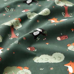 Popeline coton Animaux de la forêt heureux – vert foncé/orange pêche, 