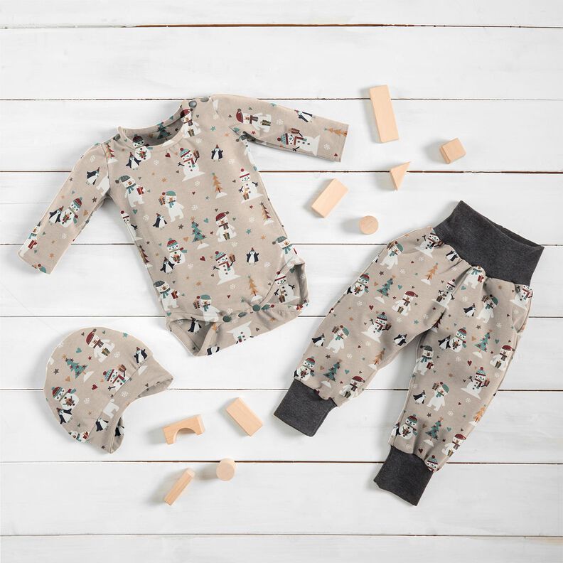 Jersey coton Pingouin, ours polaire et bonhomme de neige – amande,  image number 6