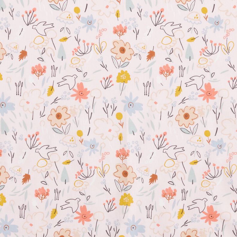Tissu en coton Prairie fleurie avec oiseaux – rosé,  image number 1