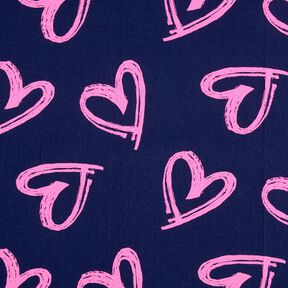 French Terry Sweat d’été Tissu look jean avec cœurs fluo – bleu nuit/rose néon, 