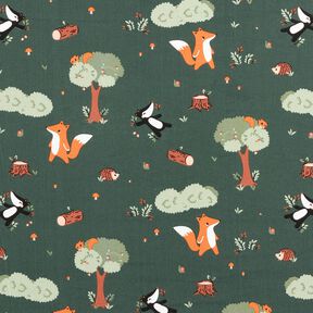 Popeline coton Animaux de la forêt heureux – vert foncé/orange pêche, 