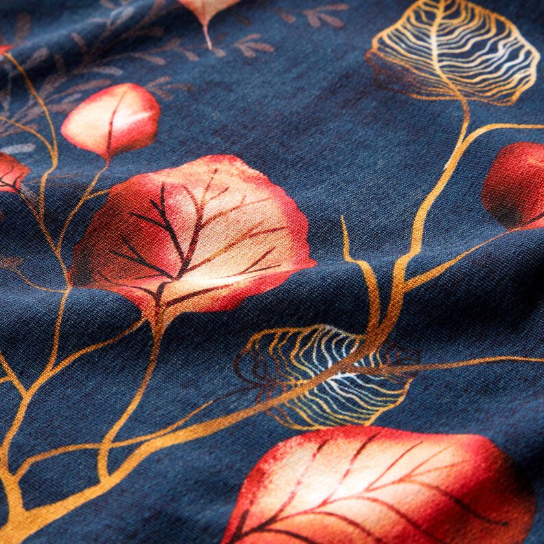 French Terry Tissu bordure feuilles d'automne | Glitzerpüppi – bleu marine/orange pêche, image number 6