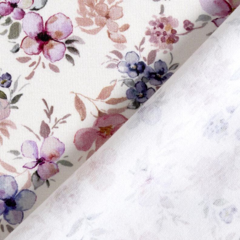 GOTS Jersey coton Fleurs aquarelle Impression numérique – écru/violet pastel,  image number 4