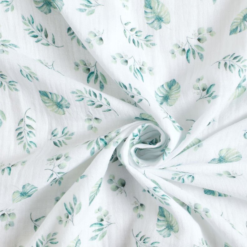 GOTS Tissu double gaze de coton Feuilles de la jungle | by Poppy – blanc/menthe clair,  image number 3