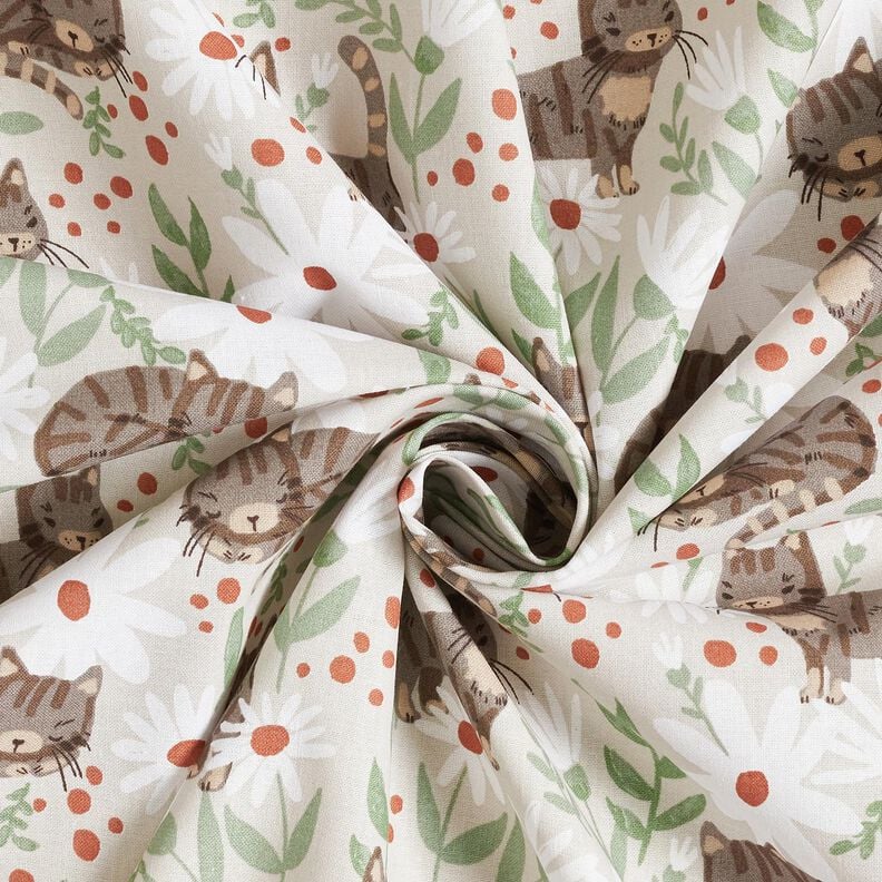 Tissu en coton Cretonne Chats dans la prairie fleurie – argent, image number 3