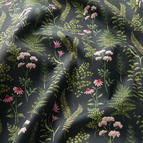 Tissu d’extérieur Canvas Blätter und Blüten – vert foncé/violet pastel, 