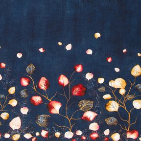 French Terry Tissu bordure feuilles d'automne | Glitzerpüppi – bleu marine/orange pêche, 