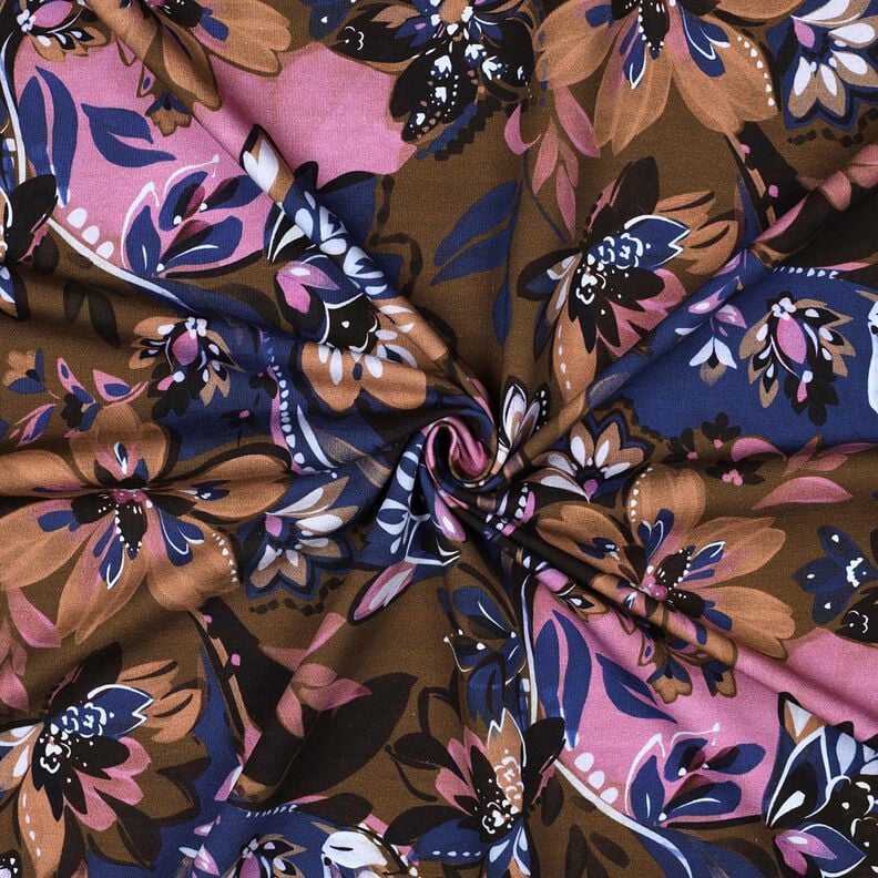 French Terry Sweat d’été Fleurs peintes Impression numérique – indigo/brun-marron, image number 3