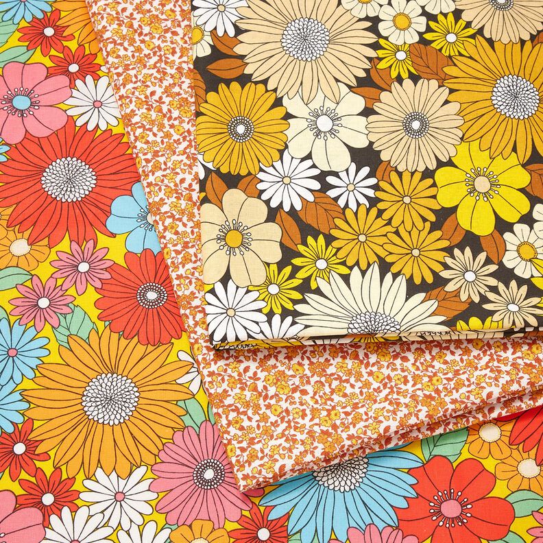 Tissu en coton Cretonne Grandes fleurs rétro – turquoise/jaune soleil,  image number 5