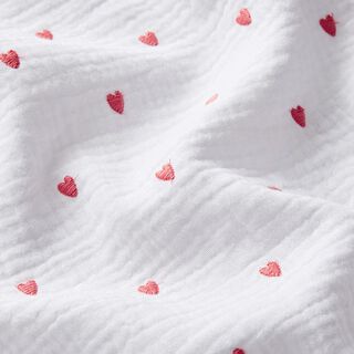Tissu double gaze de coton Cœurs brodés – blanc/vieux rose, 