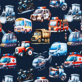 French Terry Sweat d’été Véhicules Impression numérique – bleu marine, 