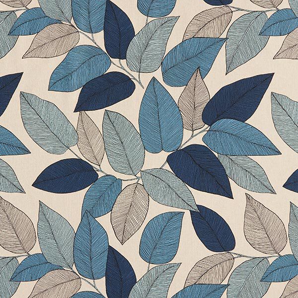 Tissu de décoration Semi-panama grandes feuilles – bleu/nature,  image number 1