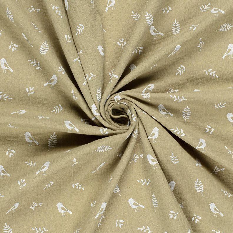 Tissu double gaze de coton Branches et petits oiseaux – kaki clair/blanc,  image number 3
