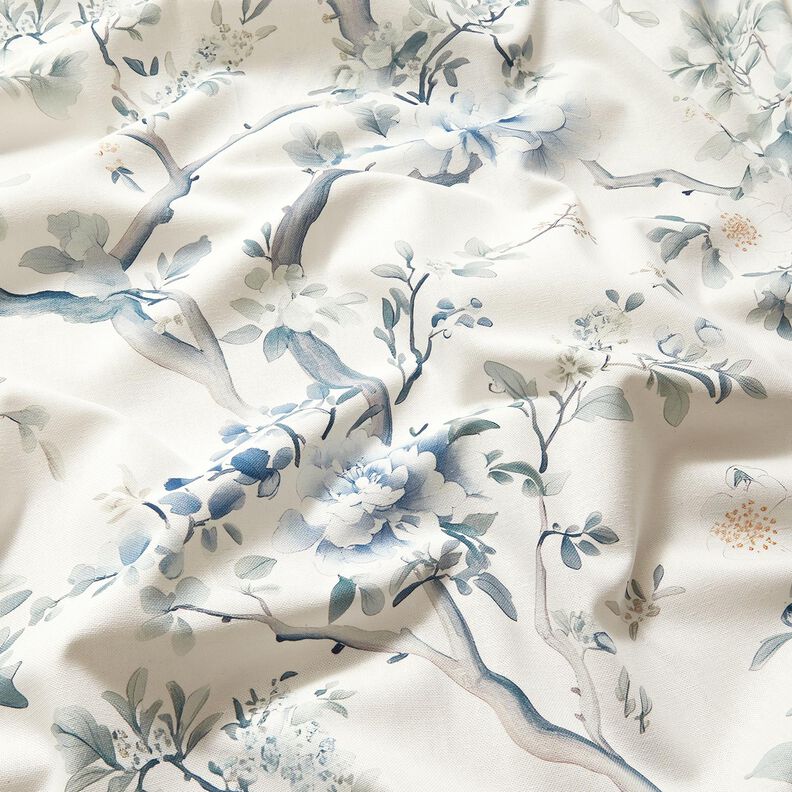 Tissu de décoration Semi-panama branches peintes – blanc/gris bleu, image number 2