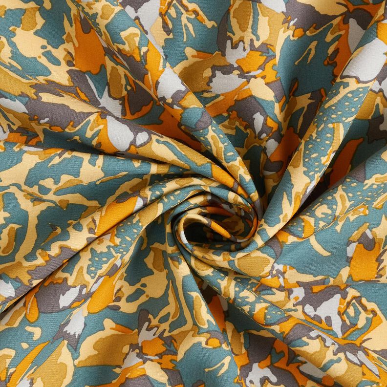 Tissu viscose mer de fleurs abstraite – sapin bleu/jaune curry,  image number 3