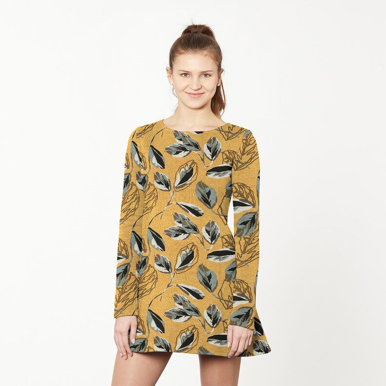 Jersey viscose grandes feuilles d'automne – jaune curry/gris schiste, image number 6