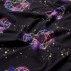 Jersey coton Coeurs en origami avec paillettes dorées | Glitzerpüppi – noir/lilas, 