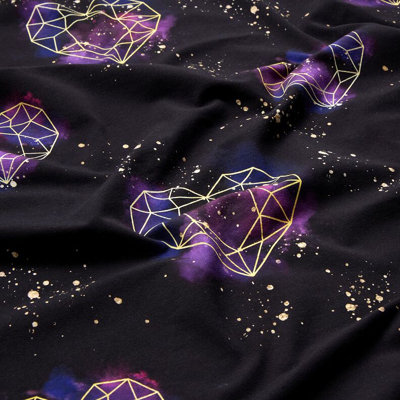 Jersey coton Coeurs en origami avec paillettes dorées | Glitzerpüppi – noir/lilas,  image number 2