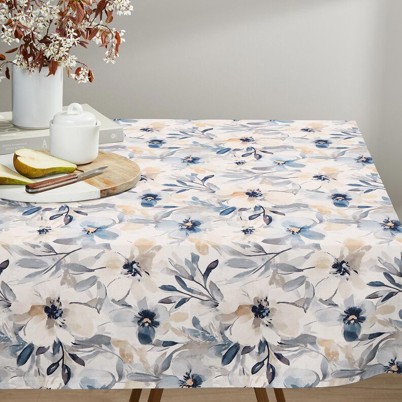 Tissu de décoration Semi-panama grandes fleurs – amande/bleu, image number 8