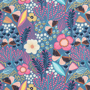 Tissu en coton Cretonne Papillons et fleurs – gris bleu/rose vif, 