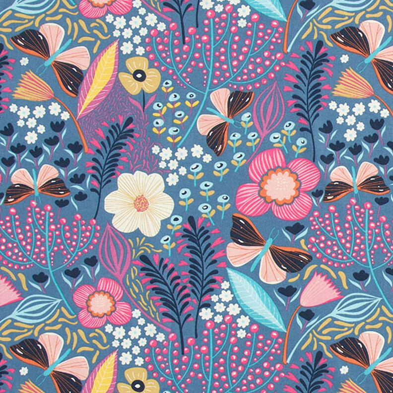 Tissu en coton Cretonne Papillons et fleurs – gris bleu/rose vif,  image number 1