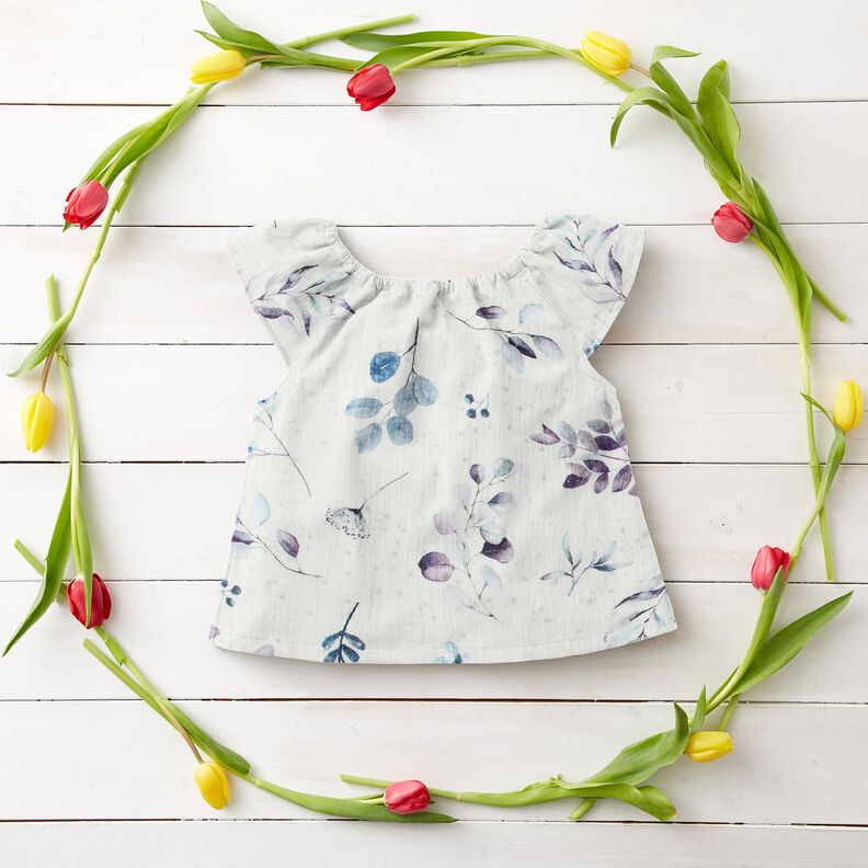 Tissu double gaze de coton Aquarelle branches d'eucalyptus – écru/bleu aqua,  image number 5