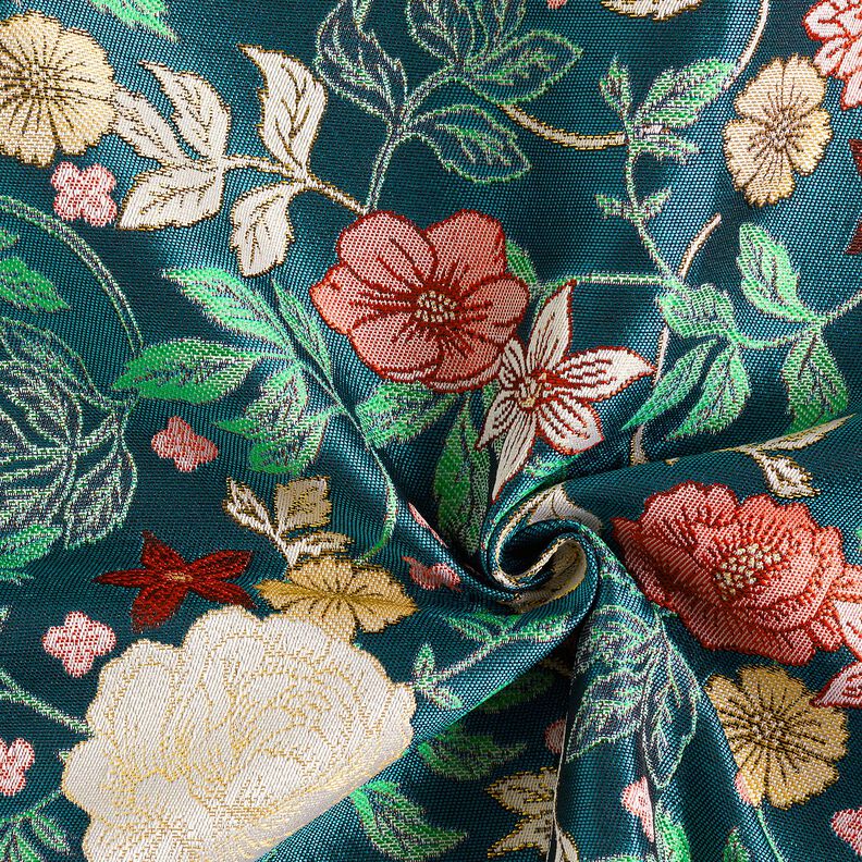 Tissu de décoration Jacquard Fleurs vintage – pétrole/rouge foncé,  image number 3