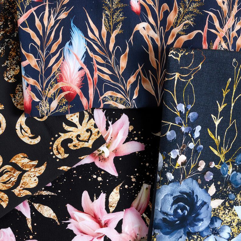 French Terry Sweat d’été Tissu bordure ornements dorés | Glitzerpüppi – noir/or ancien,  image number 9