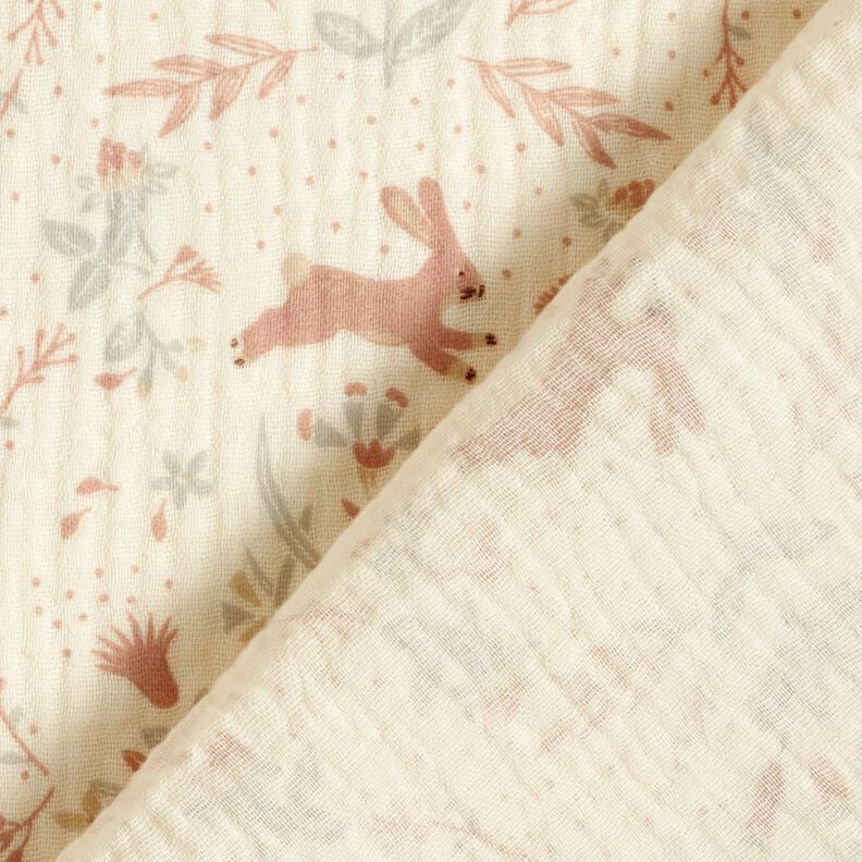Tissu double gaze de coton Oiseau et lapin dans un jardin fleuri – écru, image number 4