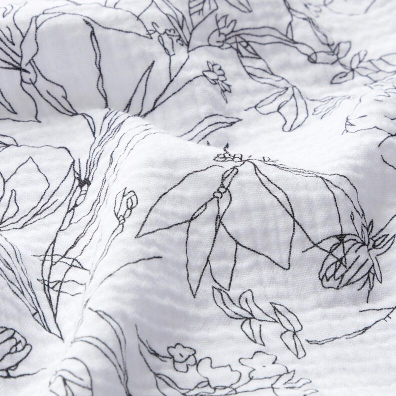 Tissu double gaze de coton Prairie fleurie peinte – blanc/noir, image number 2