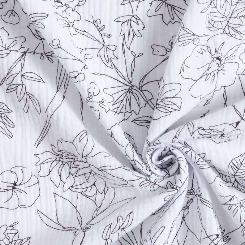 Tissu double gaze de coton Prairie fleurie peinte – blanc/noir, image number 3